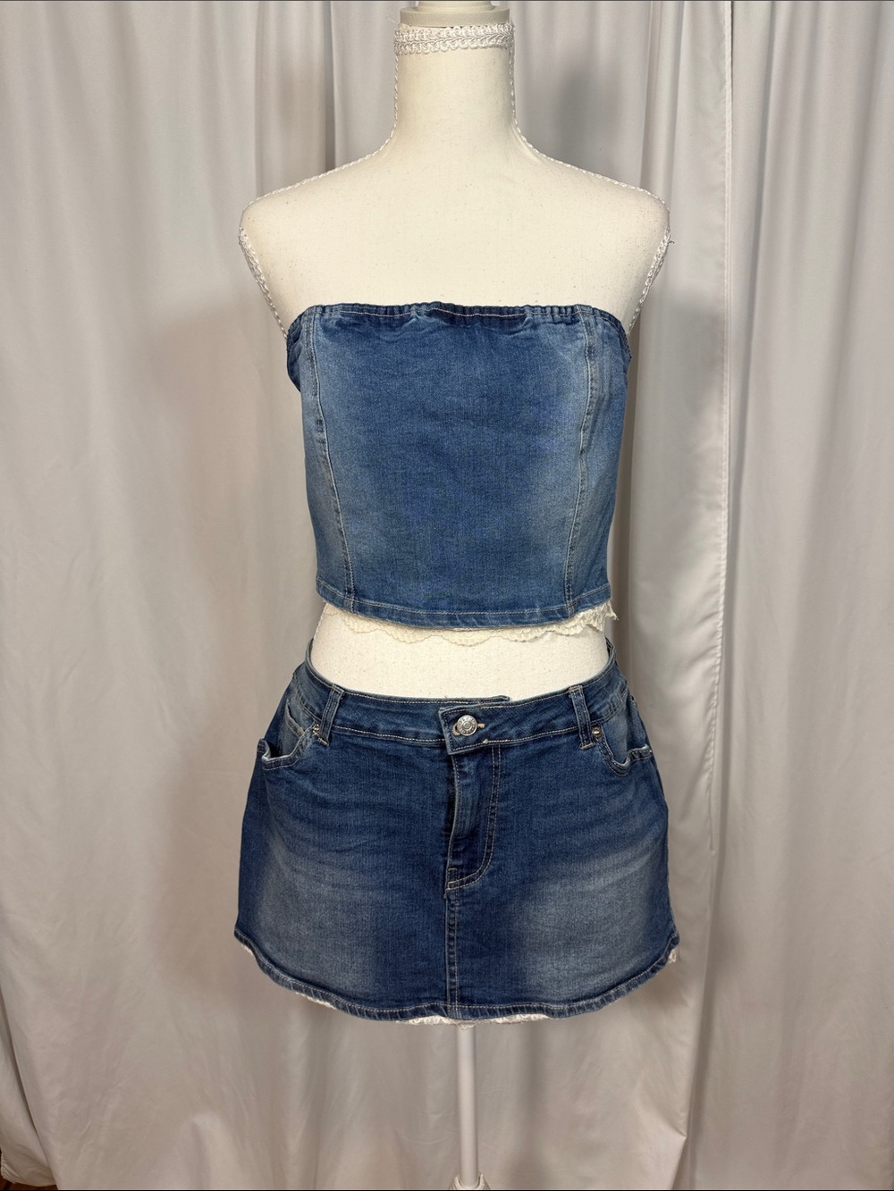 Love Tree Denim Blue Smocked Top and Skirt Set